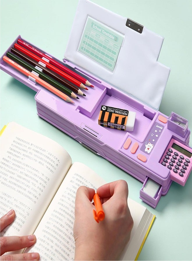 Ristpal Pop Up Multifunction Pencil Case, Cute Cartoon Pen Box Organizer Stationery with Calculators, Sharpener, Schedule, School Supplies, Best Birthday Gifts for Kids Teens (Purple) - Image 5