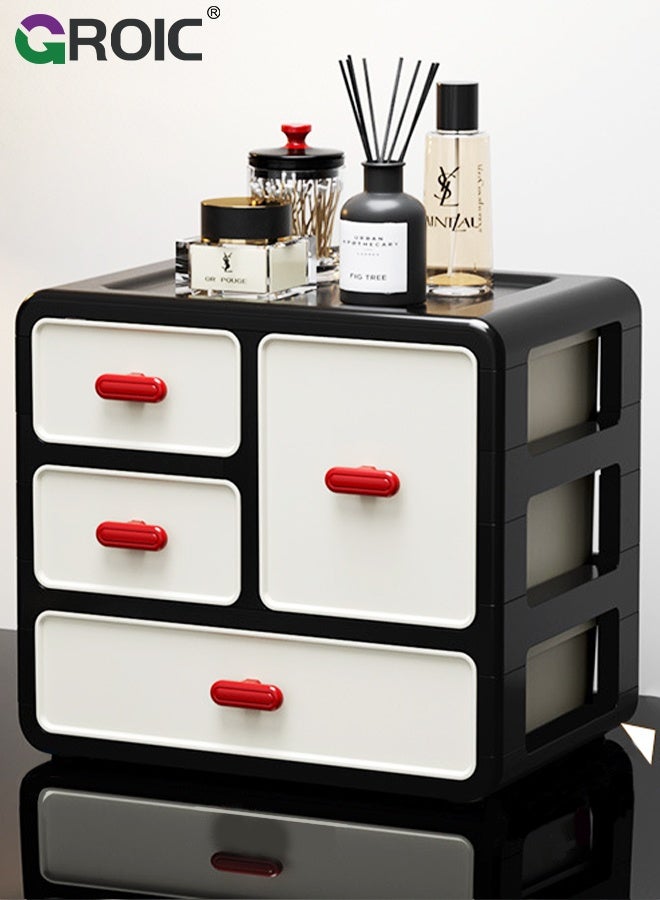 GROIC Desk Storage Box, Plastic Office Stationery Supplies Organizers, Makeup Organizer, 3-Tier 4-Compartment Retro-Style Storage Drawer, Ideal for Vanity, Bathroom,Cabinet,Desk Organization - Image 1