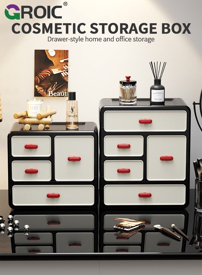 GROIC Desk Storage Box, Plastic Office Stationery Supplies Organizers, Makeup Organizer, 3-Tier 4-Compartment Retro-Style Storage Drawer, Ideal for Vanity, Bathroom,Cabinet,Desk Organization - Image 2