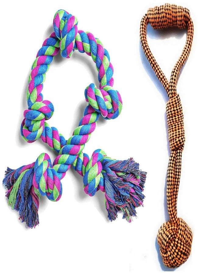 PETZLUV Dog Rope Chew Toy Set 5 Knot Heavy Duty Dog Toy for Aggressive Chewer Dogs Interactive Pet Toy with Handle for Medium Breeds - Pack of 2 (Color May Vary) - Image 1