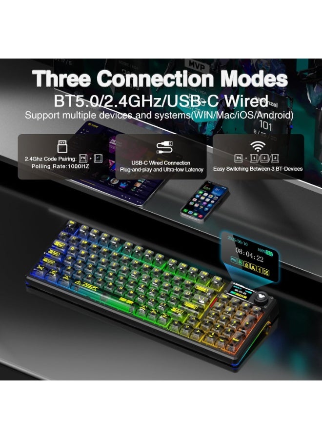 AULA F98 Pro V3 Wireless Mechanical Gaming Keyboard with Crystal Switch 1.14" TFT Smart Screen Tri-Mode Bluetooth / 2.4GHz / USB-C Hot Swappable Gasket Mount RGB Backlit Custom Keyboard with Five-Layer Sound Dampening for PC Mac - Image 3