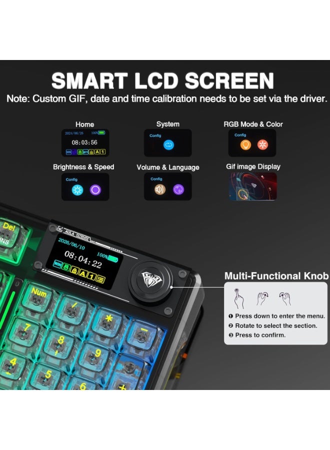 AULA F98 Pro V3 Wireless Mechanical Gaming Keyboard with Crystal Switch 1.14" TFT Smart Screen Tri-Mode Bluetooth / 2.4GHz / USB-C Hot Swappable Gasket Mount RGB Backlit Custom Keyboard with Five-Layer Sound Dampening for PC Mac - Image 5