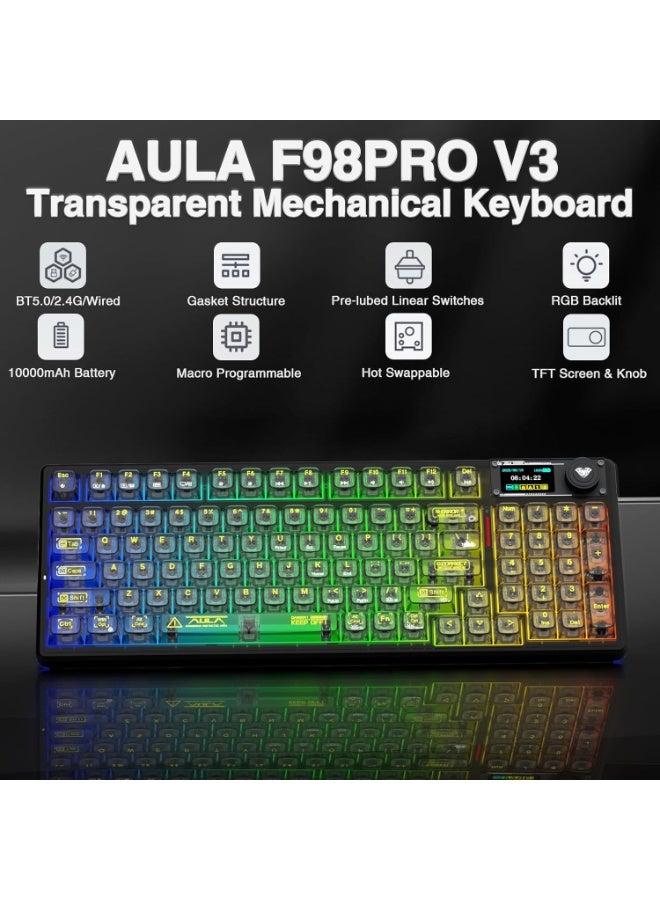 AULA F98 Pro V3 Wireless Mechanical Gaming Keyboard with Crystal Switch 1.14" TFT Smart Screen Tri-Mode Bluetooth / 2.4GHz / USB-C Hot Swappable Gasket Mount RGB Backlit Custom Keyboard with Five-Layer Sound Dampening for PC Mac - Image 2