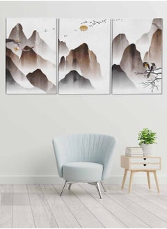 LOWHA Set Of 3 Framed Canvas Wall Arts Stretched Over Wooden Frame Mountains Birds And The Moon Abstract Paintings For Home Living Room Office Decor  - Image 1