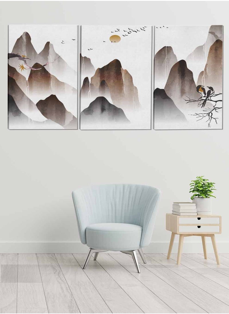 LOWHA Set Of 3 Framed Canvas Wall Arts Stretched Over Wooden Frame Mountains Birds And The Moon Abstract Paintings For Home Living Room Office Decor  - Image 1
