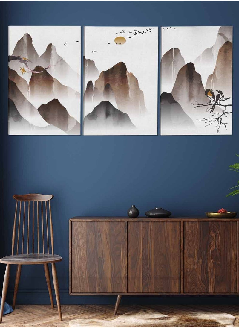 LOWHA Set Of 3 Framed Canvas Wall Arts Stretched Over Wooden Frame Mountains Birds And The Moon Abstract Paintings For Home Living Room Office Decor  - Image 2