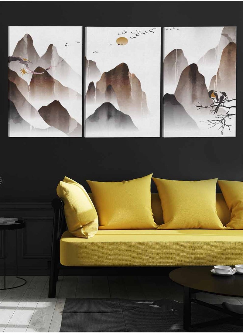LOWHA Set Of 3 Framed Canvas Wall Arts Stretched Over Wooden Frame Mountains Birds And The Moon Abstract Paintings For Home Living Room Office Decor  - Image 3
