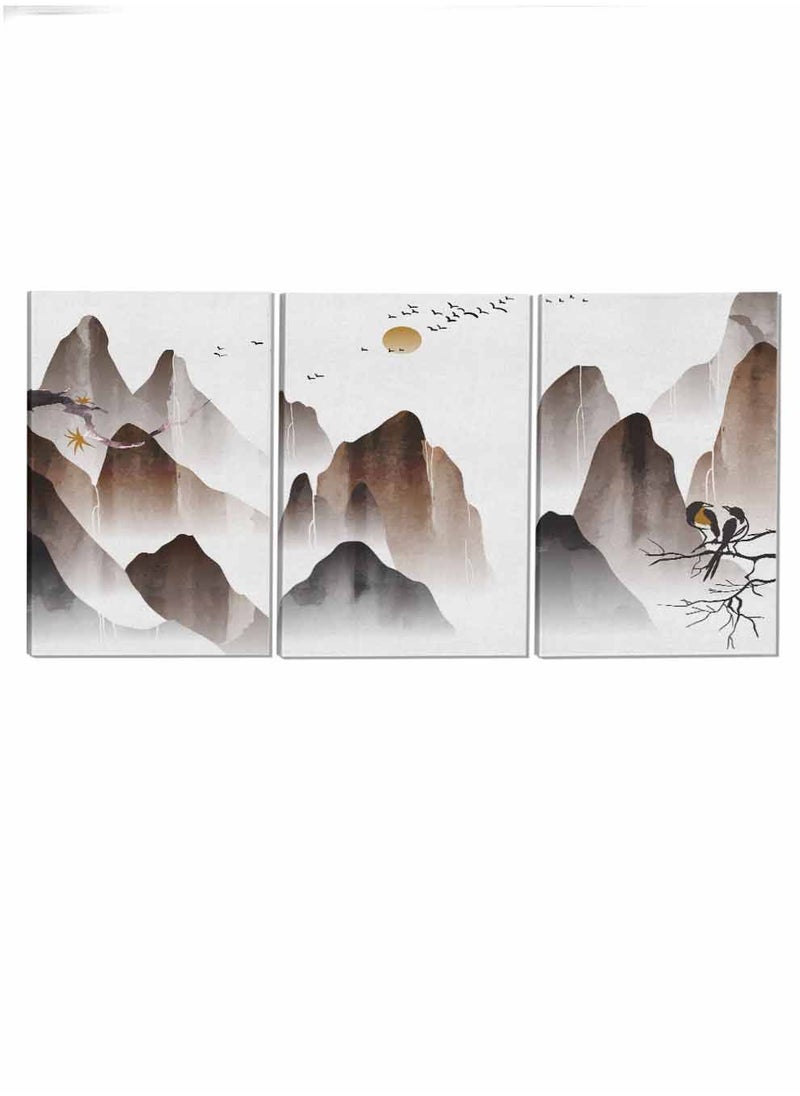 LOWHA Set Of 3 Framed Canvas Wall Arts Stretched Over Wooden Frame Mountains Birds And The Moon Abstract Paintings For Home Living Room Office Decor  - Image 4
