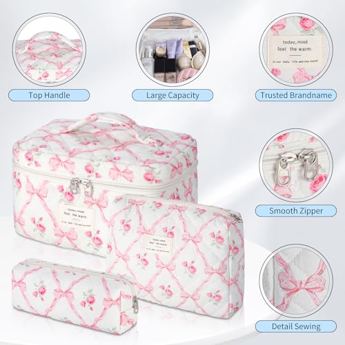 senbowe Floral Makeup Bag, 3 Pack Large Cotton Quilted Pink Bow Makeup Bag Set, Cute Floral Coquette Aesthetic Toiletry Bag Make Up Cosmetic Bag for Women, Toiletry Travel Make Up Organizer Bag - Image 3