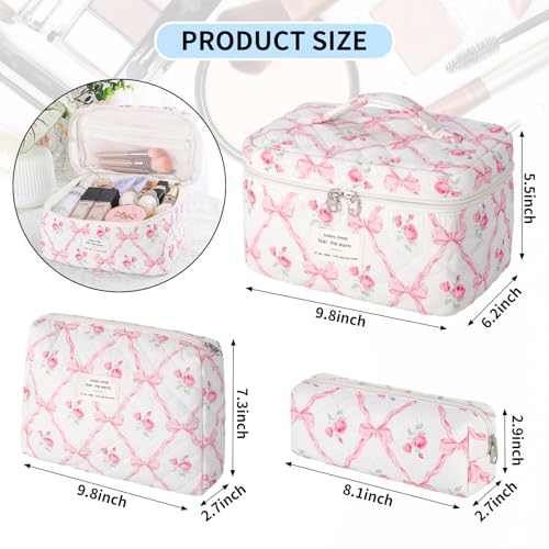 senbowe Floral Makeup Bag, 3 Pack Large Cotton Quilted Pink Bow Makeup Bag Set, Cute Floral Coquette Aesthetic Toiletry Bag Make Up Cosmetic Bag for Women, Toiletry Travel Make Up Organizer Bag - Image 2