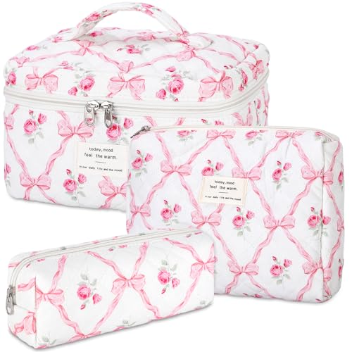 senbowe Floral Makeup Bag, 3 Pack Large Cotton Quilted Pink Bow Makeup Bag Set, Cute Floral Coquette Aesthetic Toiletry Bag Make Up Cosmetic Bag for Women, Toiletry Travel Make Up Organizer Bag - Image 1