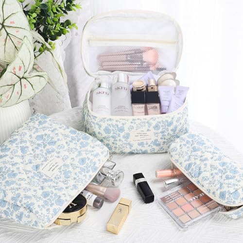 senbowe Floral Makeup Bag, 3 Pack Large Cotton Quilted Pink Bow Makeup Bag Set, Cute Floral Coquette Aesthetic Toiletry Bag Make Up Cosmetic Bag for Women, Toiletry Travel Make Up Organizer Bag - Image 5