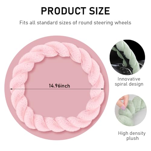 KVAEY Fluffy Car Steering Wheel Cover 15 Inches AntiSlip Round Fuzzy Winter Steering Wheel Protector Soft Warm Plush Steering Wheel Cover for Women Girls Car Accessories Pink DShaped - Image 3