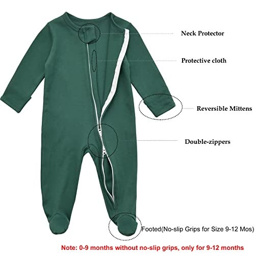 Aablexema Baby Footie Pajama with Mitten Cuffs, Double Zipper Infant Cotton clothes Sleeper Pjs, Footed Sleep Play(White & Green & Khaki,6-9 Months) - Image 2