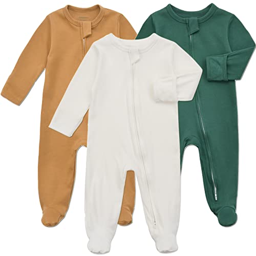 Aablexema Baby Footie Pajama with Mitten Cuffs, Double Zipper Infant Cotton clothes Sleeper Pjs, Footed Sleep Play(White & Green & Khaki,6-9 Months) - Image 1