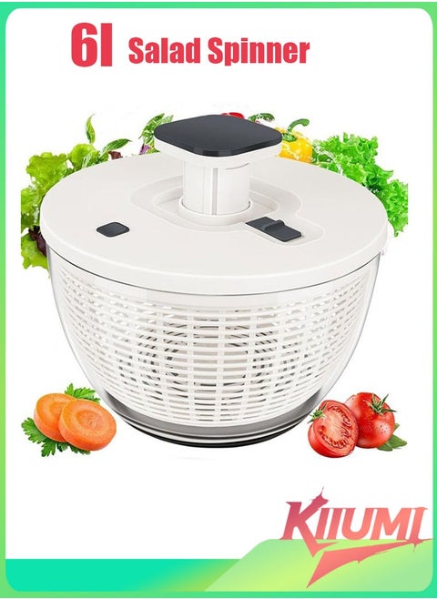 6L Salad Spinner, Lettuce Dryer Easy Press Large Vegetable Dryer Salad Mixer with Retractable Pusher and Brake Button for Greens, Herbs, Berries, Fruits