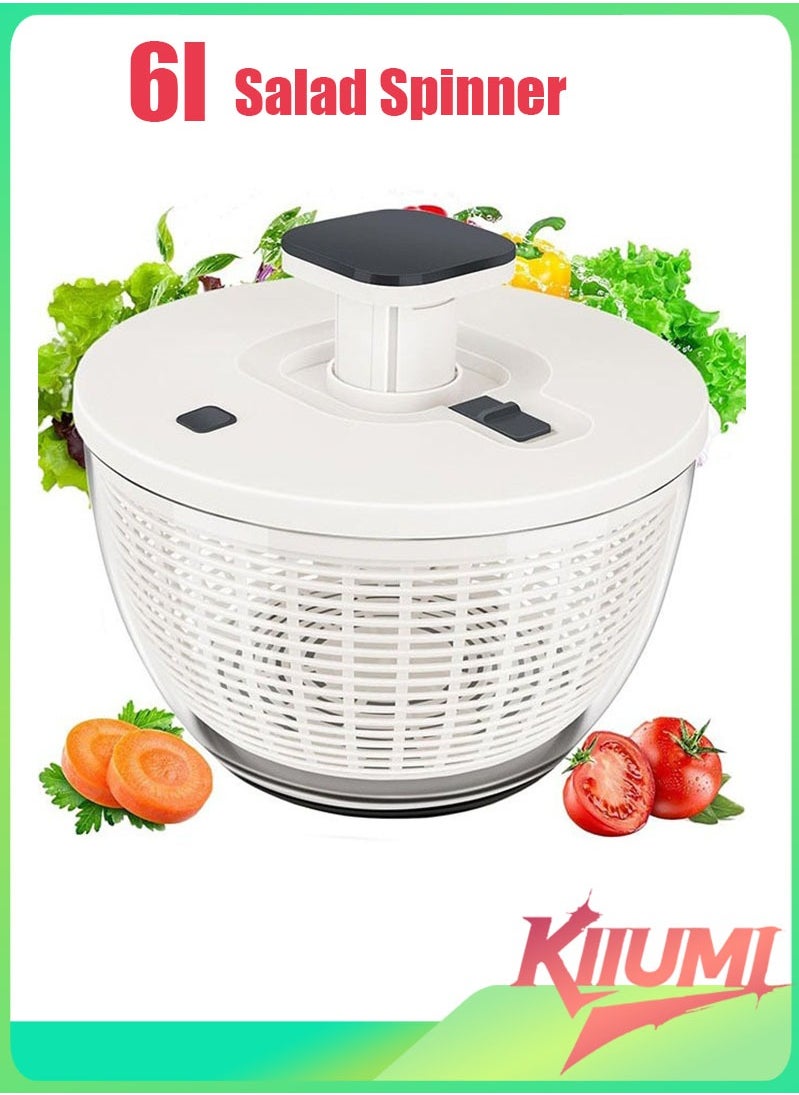 6L Salad Spinner, Lettuce Dryer Easy Press Large Vegetable Dryer Salad Mixer with Retractable Pusher and Brake Button for Greens, Herbs, Berries, Fruits