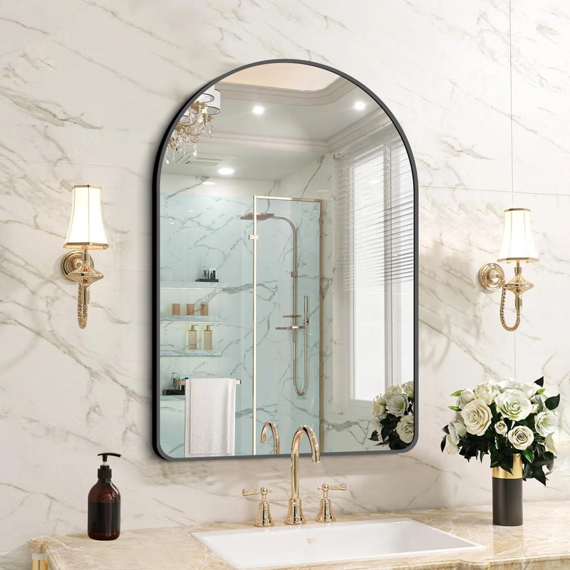 مرآة حمام مقوسة FORBATH 24x36 بوصة مرآة حمام مثبتة على الحائط إطار من الألمنيوم الأسود الحديث مرآة زينة لغرفة النوم غرفة المعيشة المدخل معلقة أو مائلة ضد الحائط