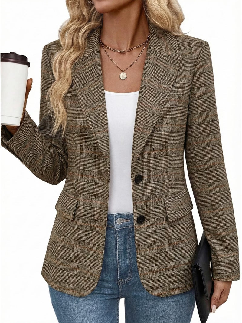 Mina Self Plaid Blazer for Women 2026 Fall Winter Brown Houndstooth Oversized Ladies Work Casual Boyfriend Dressy Fashion Business Casual Outfits Trendy Suit Jackets for Women ZHB013-P/BR 0M - Image 1