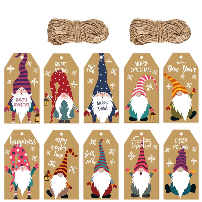 Doumeny 200 Pieces Christmas Gnome Gift Tags Xmas Kraft Paper Gift Tags Hanging Label with 131 Feet Natural Jute Twine for DIY Arts Crafts Christmas Tree Present Wrapping Stamp Cake Candy Decoration