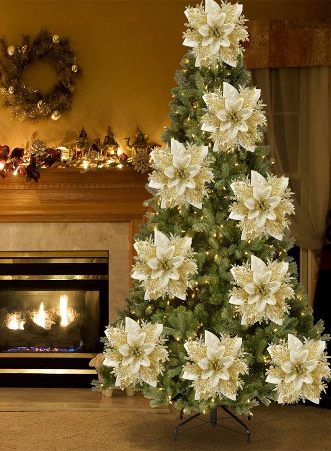 HAWAWA 20 PCS Christmas Poinsettia Artificial Flowers Decorations with Clips 13cm Christmas Tree Wreaths Garland Decoration for Xmas Tree Ornaments Wedding Party Wreath Decor (Gold) - Image 4