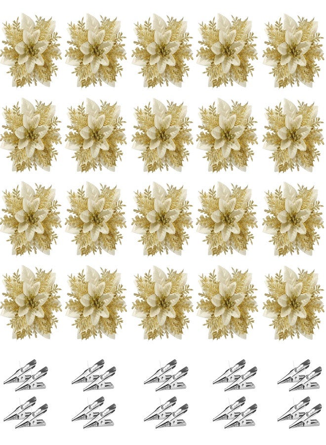HAWAWA 20 PCS Christmas Poinsettia Artificial Flowers Decorations with Clips 13cm Christmas Tree Wreaths Garland Decoration for Xmas Tree Ornaments Wedding Party Wreath Decor (Gold) - Image 1