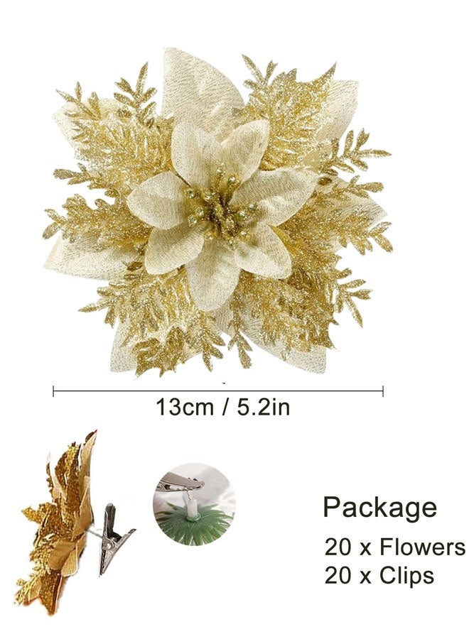 HAWAWA 20 PCS Christmas Poinsettia Artificial Flowers Decorations with Clips 13cm Christmas Tree Wreaths Garland Decoration for Xmas Tree Ornaments Wedding Party Wreath Decor (Gold) - Image 2