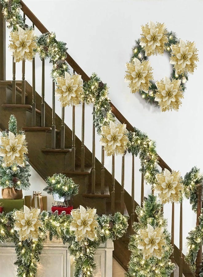 HAWAWA 20 PCS Christmas Poinsettia Artificial Flowers Decorations with Clips 13cm Christmas Tree Wreaths Garland Decoration for Xmas Tree Ornaments Wedding Party Wreath Decor (Gold) - Image 5