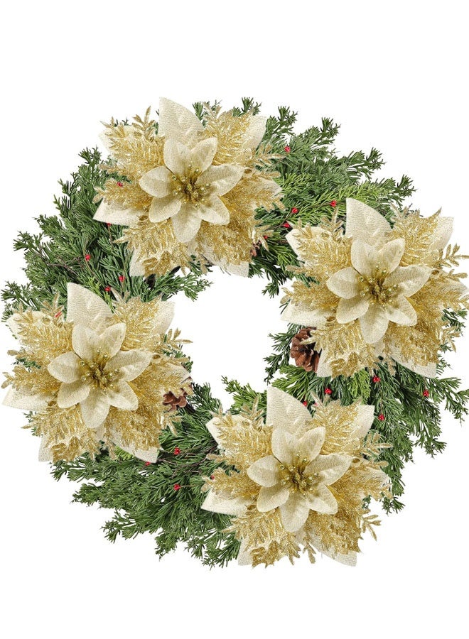 HAWAWA 20 PCS Christmas Poinsettia Artificial Flowers Decorations with Clips 13cm Christmas Tree Wreaths Garland Decoration for Xmas Tree Ornaments Wedding Party Wreath Decor (Gold) - Image 3