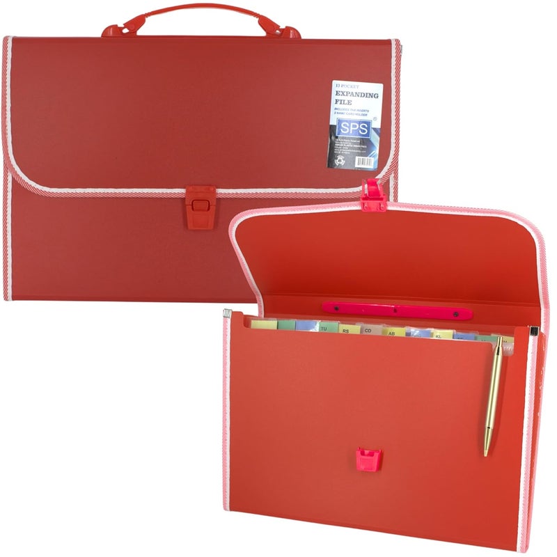 sps 13 Pocket Expanding File Folder with Buckle Closure,Label Index and Handle for A4/Foolscap/Legal Documents (Red) - Image 1