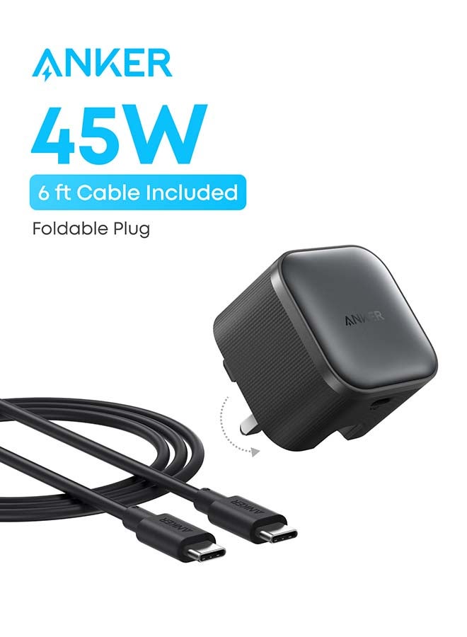أنكر شاحن سريع 45 واط نوع C نانو، قابلة للطي وصغيرة الحجم، كتلة شاحن USB-C لهواتف سامسونج جالاكسي S25 ألترا/S24، سلسلة آيفون 17، ماك بوك، بيكسل 9، آيباد (كابل بطول 6 أقدام متضمن) - Image 1