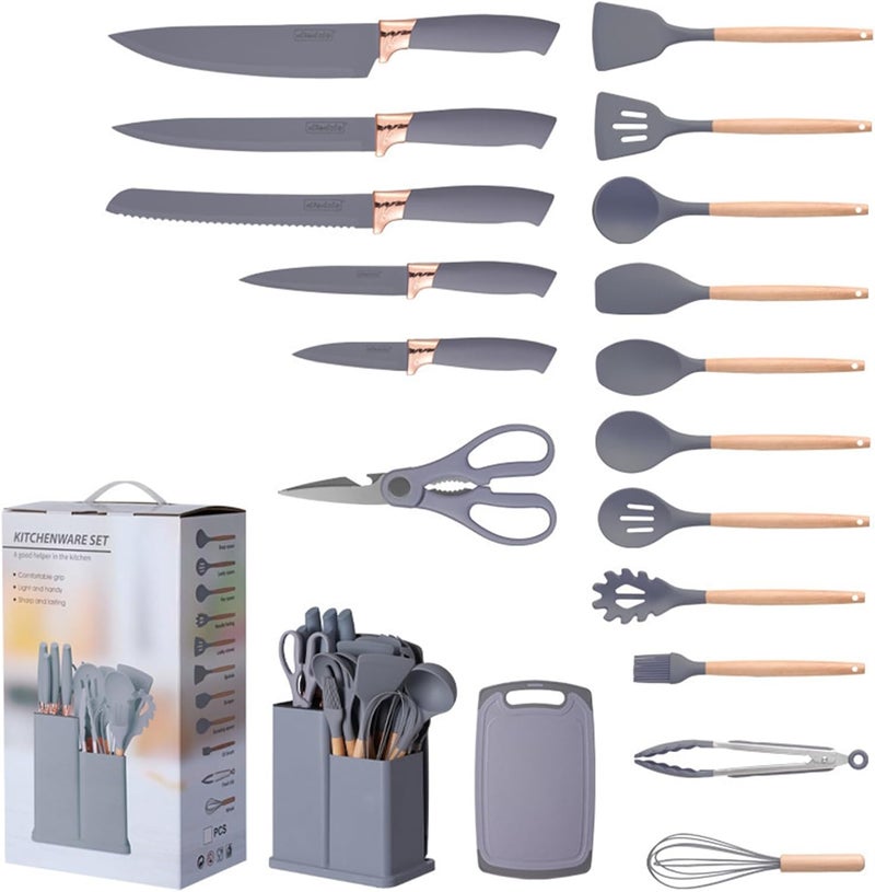 19PCS Non - Stick Cooking Utensils and Knife Set with Holder - Gray - Image 5