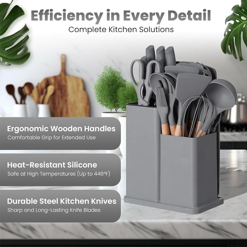 19PCS Non - Stick Cooking Utensils and Knife Set with Holder - Gray - Image 2