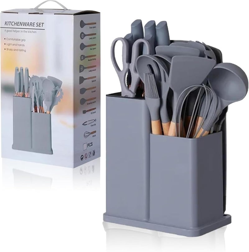 19PCS Non - Stick Cooking Utensils and Knife Set with Holder - Gray - Image 1