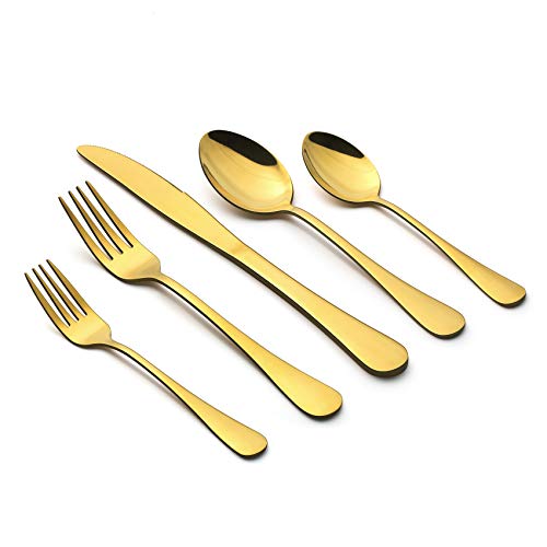 LIANYU Gold Silverware Set, LIANYU 20 Piece Stainless Steel Flatware Cutlery Set for 4, Gold Mirror Finish, Ideal for Home Wedding Festival Party, Dishwasher Safe - Image 1