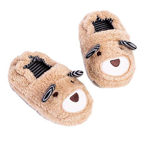 Csfry Toddler Boys Slippers Cartoon Cute Animals Plush Warm Home Shoes Beige US 5-6 - Image 1