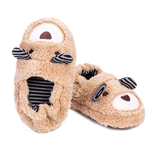 Csfry Toddler Boys Slippers Cartoon Cute Animals Plush Warm Home Shoes Beige US 5-6 - Image 3