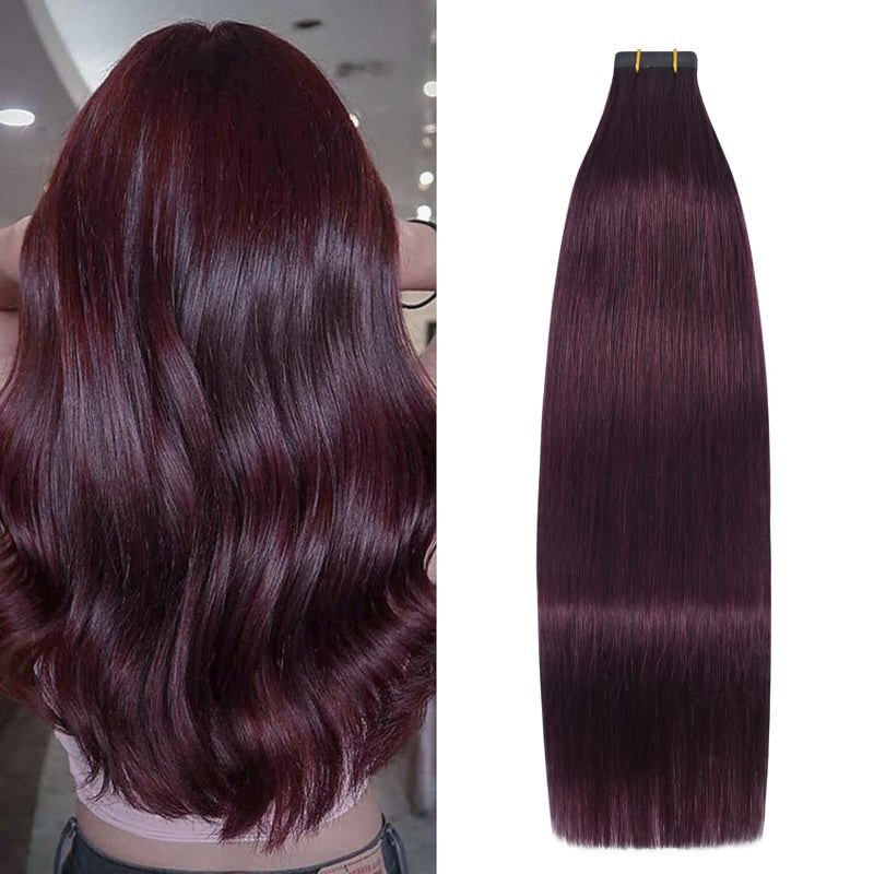 Aison Wine Red Tape in Hair Extensions Real Remy Human Hair Extensions Silky Straight for Fashion Women 20 PcsPackage18Inch 99j 40g