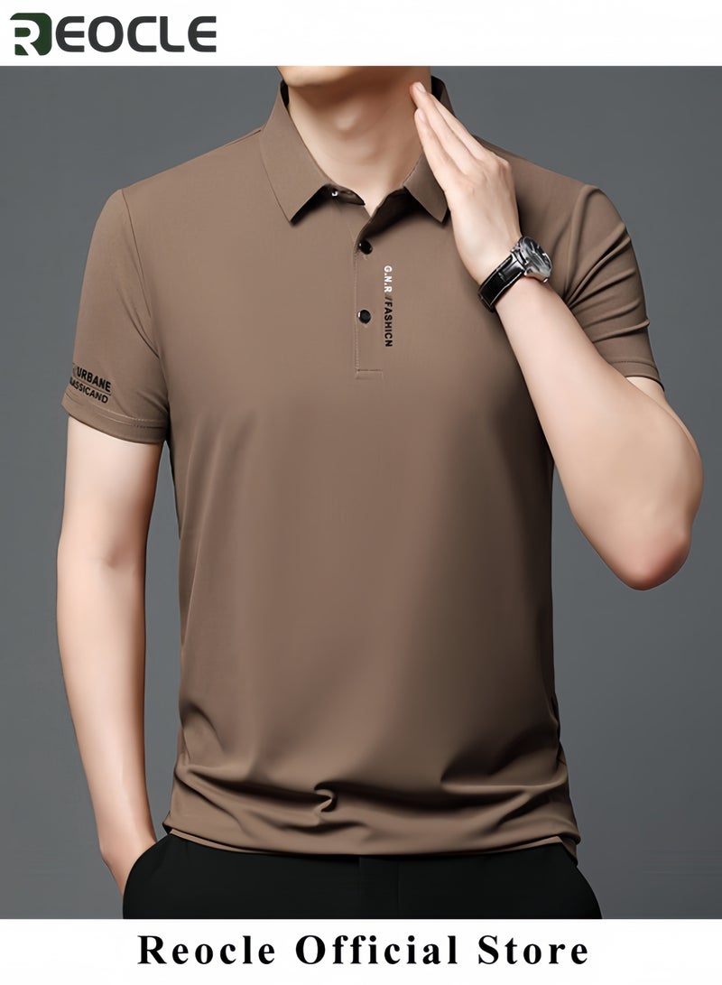 ريوكل قميص بولو صيفي قمصان رجالية بأكمام قصيرة رقيقة وقابلة للتنفس بياقة مقلوبة وقميص بولو سادة للمناسبات العملية والأعمال بمقاس عادي - Image 3