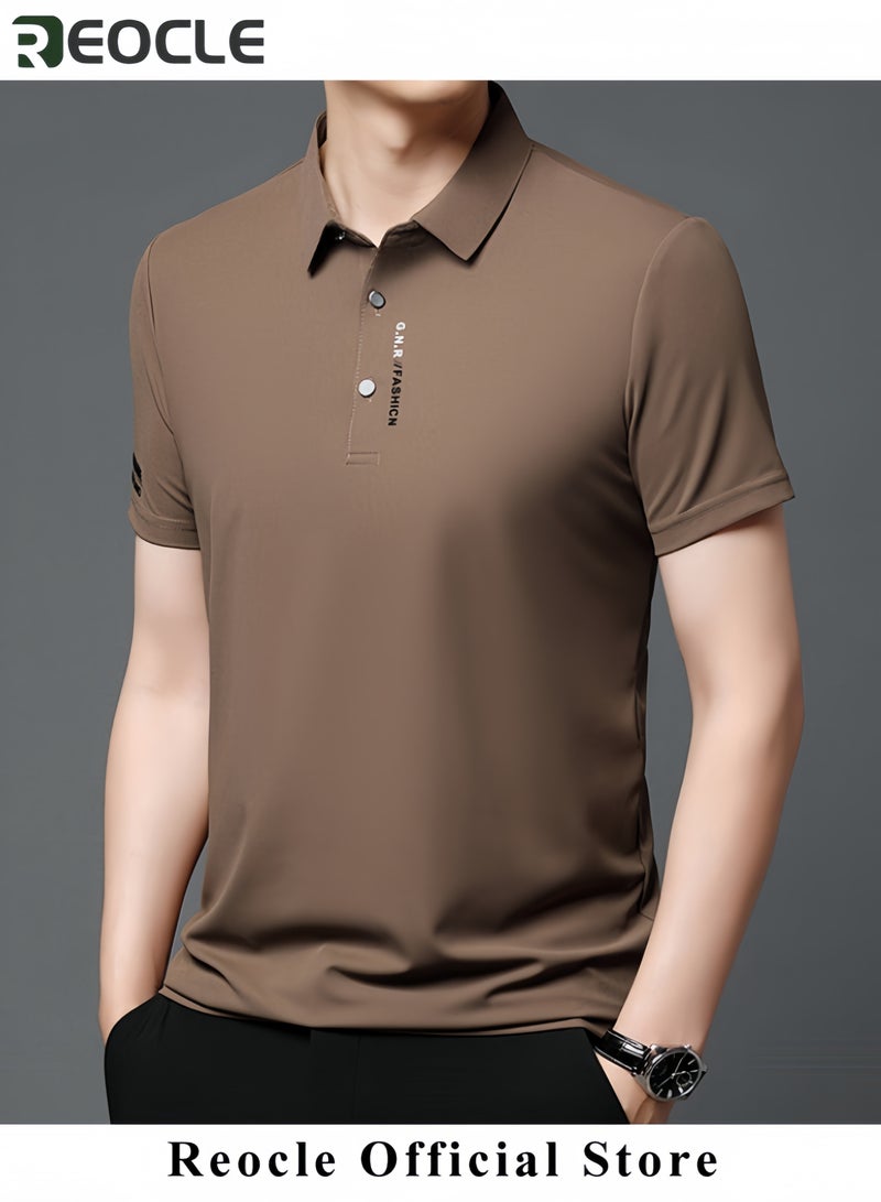 ريوكل قميص بولو صيفي قمصان رجالية بأكمام قصيرة رقيقة وقابلة للتنفس بياقة مقلوبة وقميص بولو سادة للمناسبات العملية والأعمال بمقاس عادي - Image 2