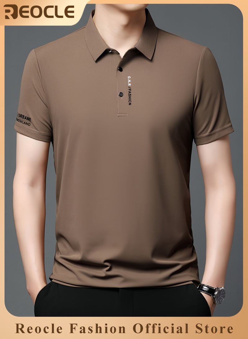 ريوكل قميص بولو صيفي قمصان رجالية بأكمام قصيرة رقيقة وقابلة للتنفس بياقة مقلوبة وقميص بولو سادة للمناسبات العملية والأعمال بمقاس عادي - Image 1
