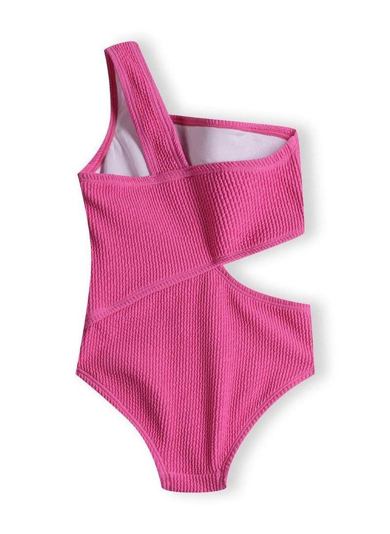 MINOTI Textured One-Shoulder Cut-Out Swimsuit for Girls in Fuchsia Pink - Image 2