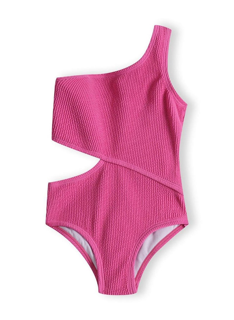 MINOTI Textured One-Shoulder Cut-Out Swimsuit for Girls in Fuchsia Pink - Image 1