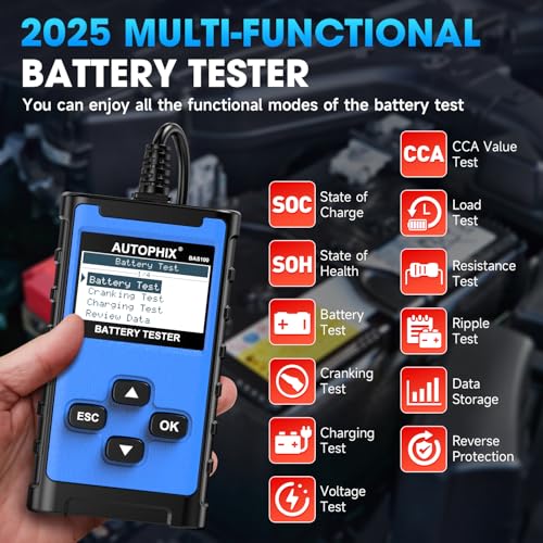 AUTOPHIX BAS100 Car Battery Tester 24V 12V, Accurate Automotive Battery Alternator Diagnostic Tool 100-2000 CCA Load Testing, Charging & Cold Cranking Tester for Cars Truck Motorcycle Boat and More - Image 2