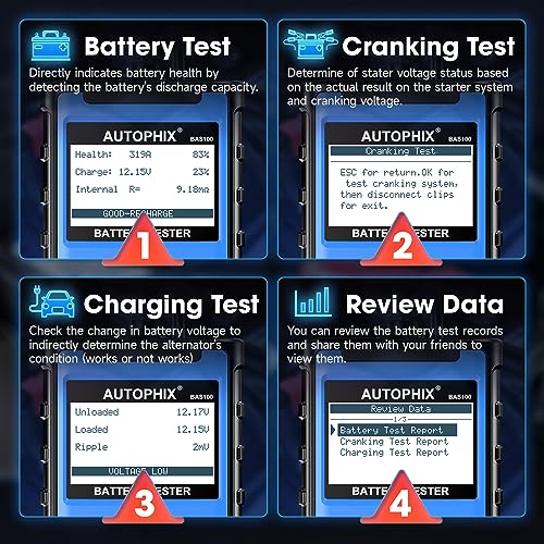 AUTOPHIX BAS100 Car Battery Tester 24V 12V, Accurate Automotive Battery Alternator Diagnostic Tool 100-2000 CCA Load Testing, Charging & Cold Cranking Tester for Cars Truck Motorcycle Boat and More - Image 4