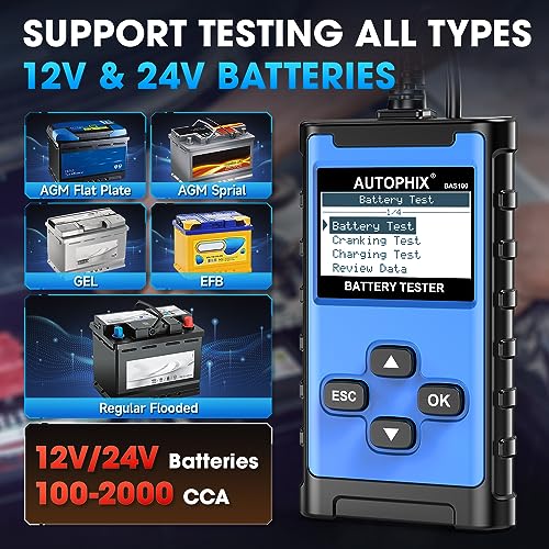 AUTOPHIX BAS100 Car Battery Tester 24V 12V, Accurate Automotive Battery Alternator Diagnostic Tool 100-2000 CCA Load Testing, Charging & Cold Cranking Tester for Cars Truck Motorcycle Boat and More - Image 5