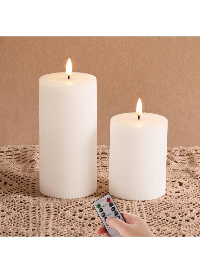 Girimax White Ribbed Flameless Pillar Candles with Remote, Flickering LED Wax Candles Battery Operated Set of 2 - Image 1