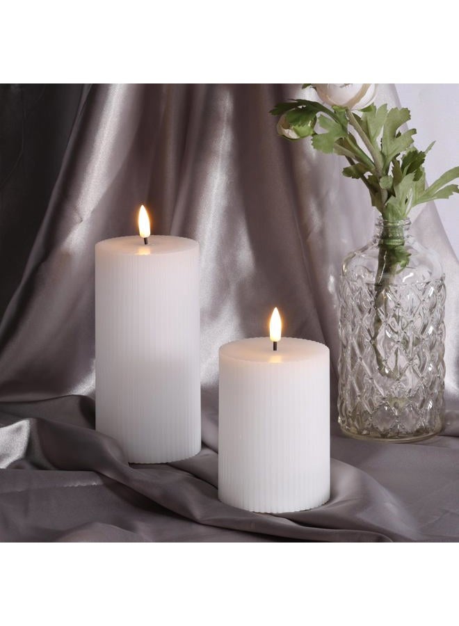 Girimax White Ribbed Flameless Pillar Candles with Remote, Flickering LED Wax Candles Battery Operated Set of 2 - Image 3