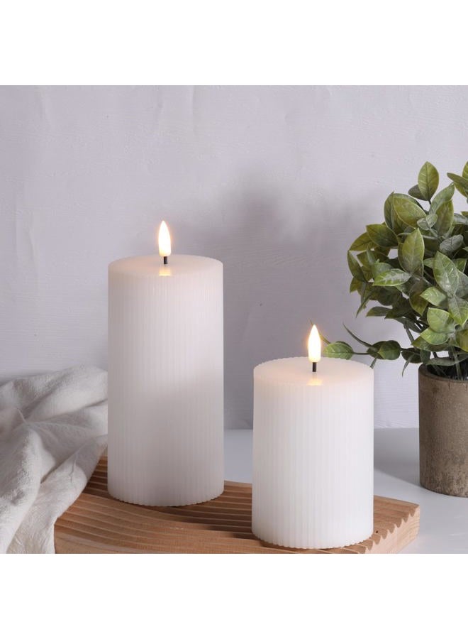 Girimax White Ribbed Flameless Pillar Candles with Remote, Flickering LED Wax Candles Battery Operated Set of 2 - Image 4