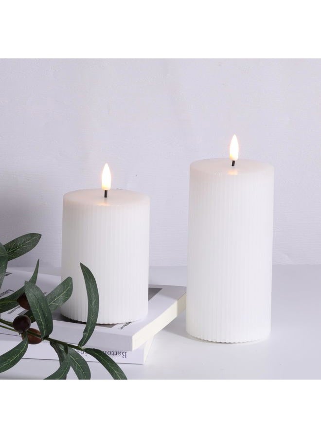 Girimax White Ribbed Flameless Pillar Candles with Remote, Flickering LED Wax Candles Battery Operated Set of 2 - Image 5